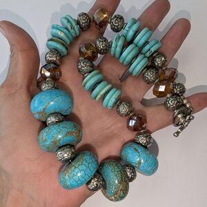 EVC HEAVY CHUNKY TURQUOISE, SILVER & AUSTRIAN CRYSTALS NECKLACE